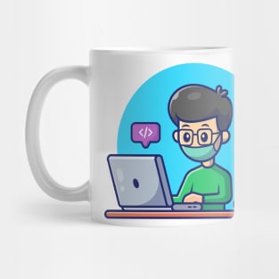 Male working on computer with cat cartoon Mug